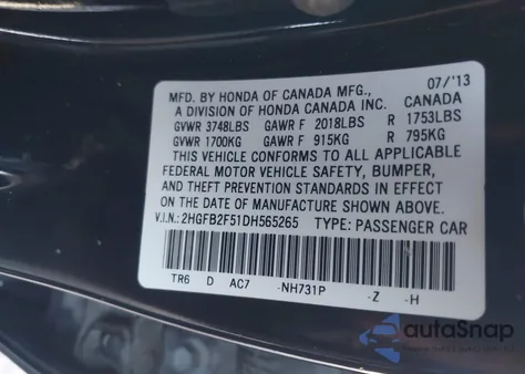 2013 Honda Civic Lx from USA, damaged, VIN 2HGFB2F51DH565265